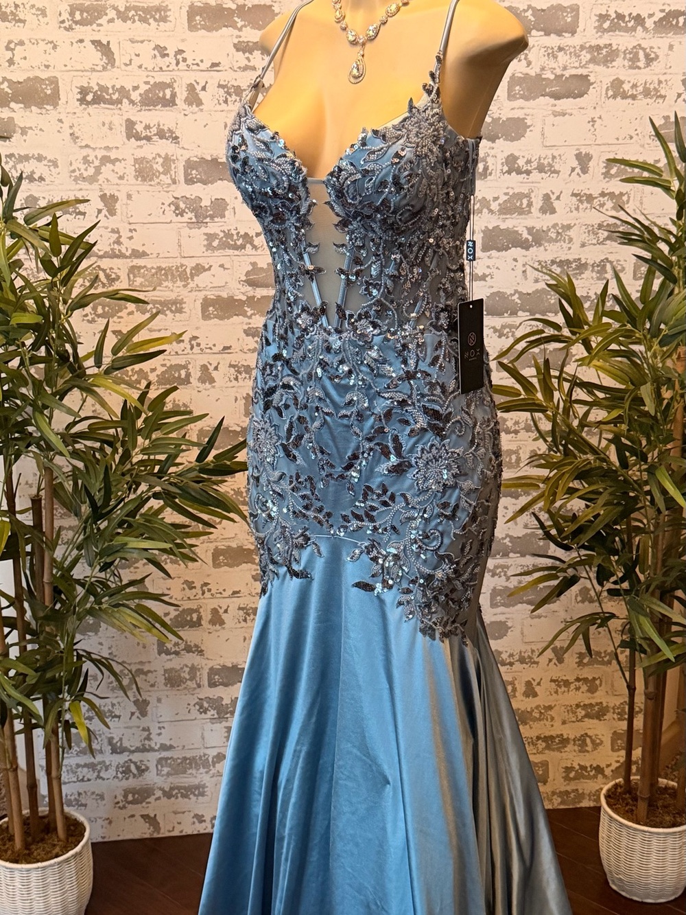 Elegant Dusty Blue Embroidered Evening Gown for Women